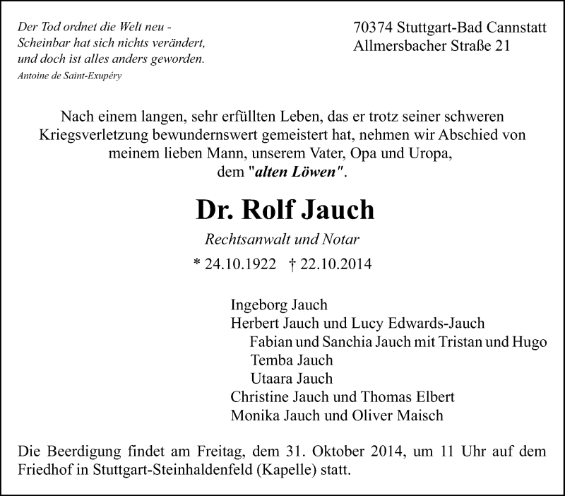  Traueranzeige für Rolf Jauch vom 28.10.2014 aus Stuttgarter Zeitung / Stuttgarter Nachrichten