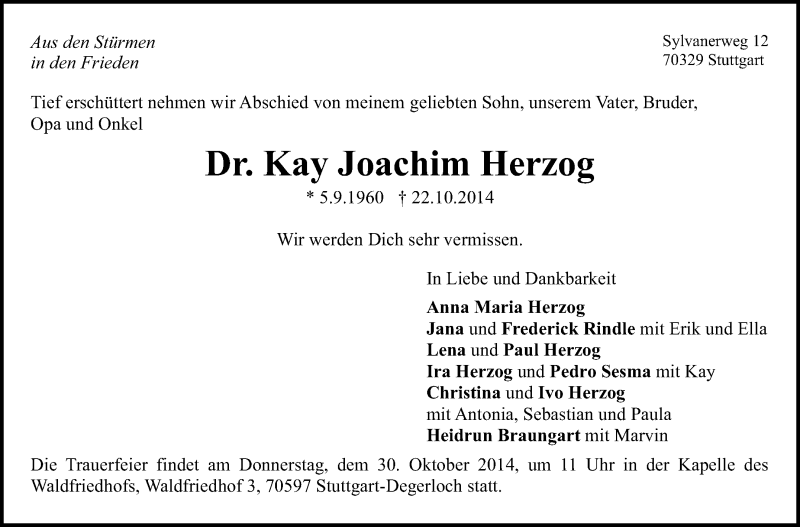  Traueranzeige für Kay Joachim Herzog vom 28.10.2014 aus Stuttgarter Zeitung / Stuttgarter Nachrichten