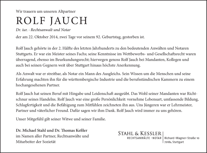  Traueranzeige für Rolf Jauch vom 30.10.2014 aus Stuttgarter Zeitung / Stuttgarter Nachrichten