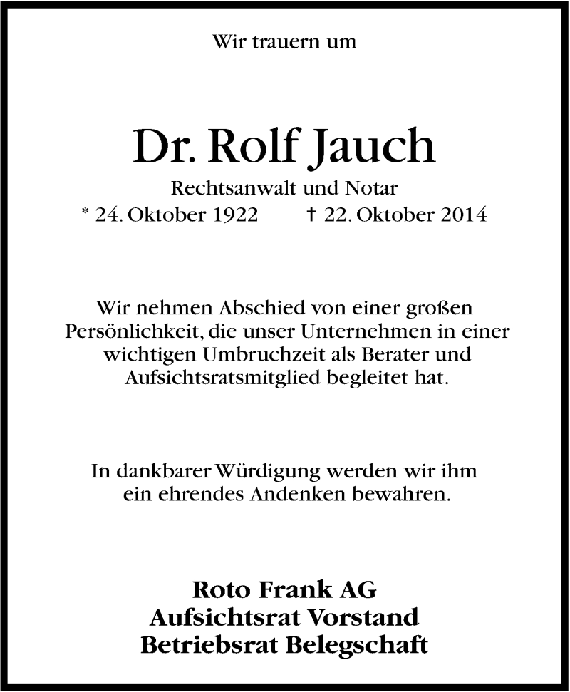  Traueranzeige für Rolf Jauch vom 30.10.2014 aus Stuttgarter Zeitung / Stuttgarter Nachrichten