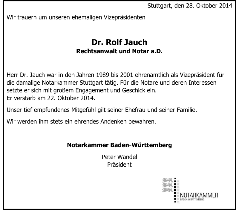  Traueranzeige für Rolf Jauch vom 30.10.2014 aus Stuttgarter Zeitung / Stuttgarter Nachrichten