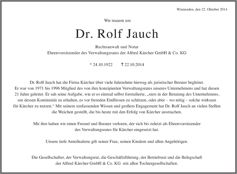  Traueranzeige für Rolf Jauch vom 30.10.2014 aus Stuttgarter Zeitung / Stuttgarter Nachrichten