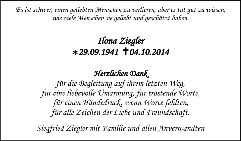  Traueranzeige für Ilona Ziegler vom 31.10.2014 aus Stuttgarter Zeitung / Stuttgarter Nachrichten