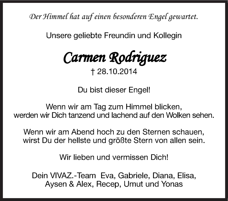  Traueranzeige für Carmen Rodriguez vom 04.11.2014 aus Stuttgarter Zeitung / Stuttgarter Nachrichten