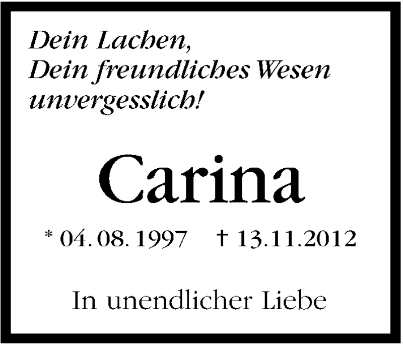  Traueranzeige für Carina  vom 13.11.2014 aus Stuttgarter Zeitung / Stuttgarter Nachrichten