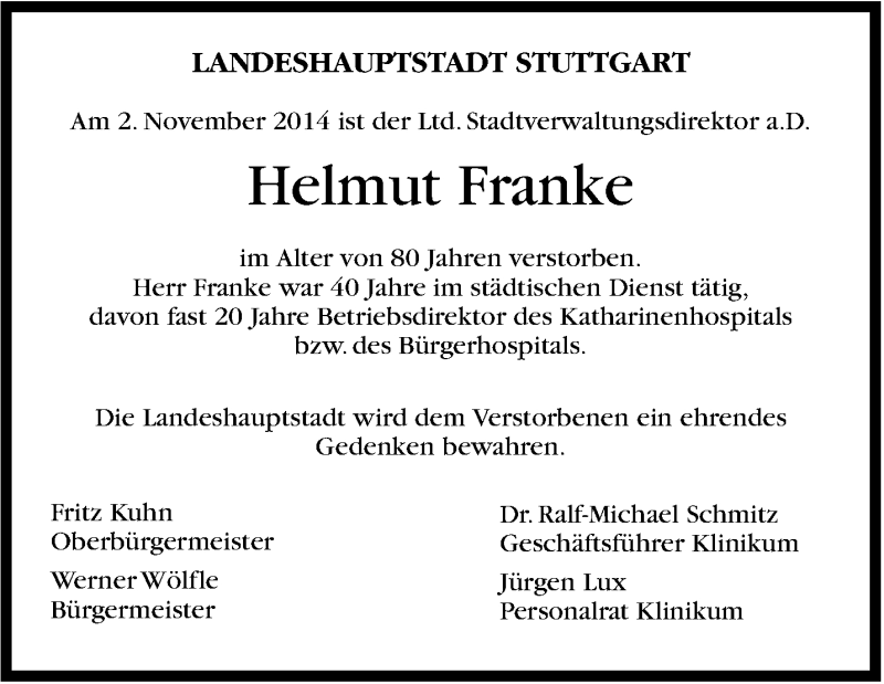  Traueranzeige für Helmut Franke vom 06.11.2014 aus Stuttgarter Zeitung / Stuttgarter Nachrichten