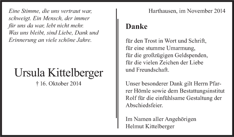  Traueranzeige für Ursula Kittelberger vom 08.11.2014 aus Stuttgarter Zeitung / Stuttgarter Nachrichten