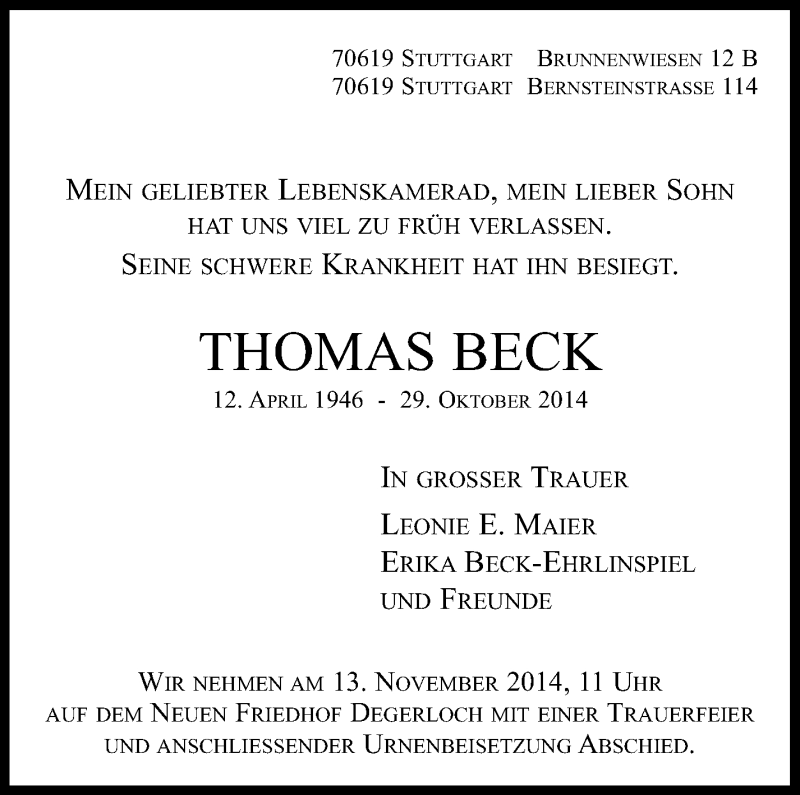  Traueranzeige für Thomas Beck vom 08.11.2014 aus Stuttgarter Zeitung / Stuttgarter Nachrichten