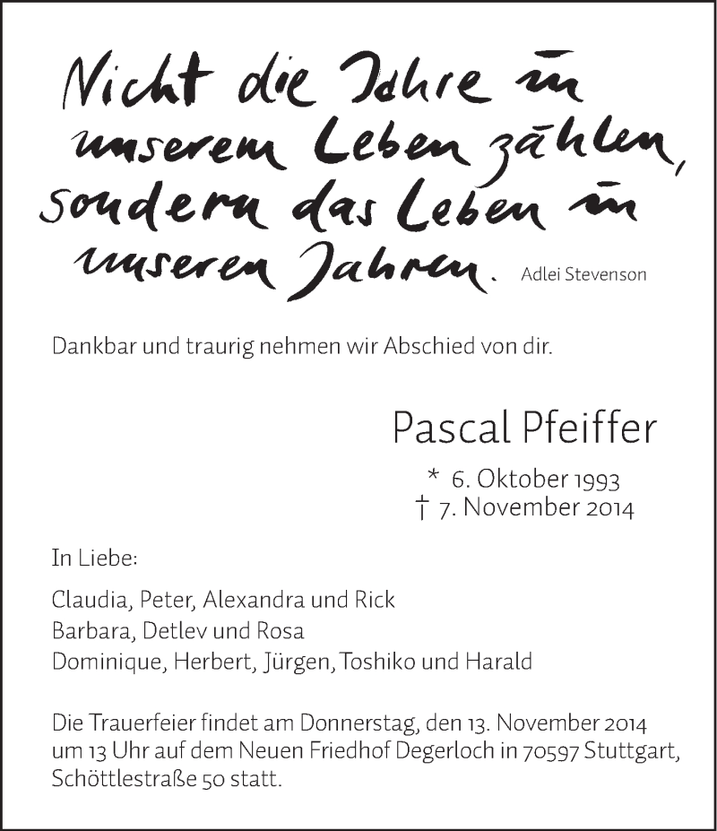  Traueranzeige für Pascal Pfeiffer vom 11.11.2014 aus Stuttgarter Zeitung / Stuttgarter Nachrichten