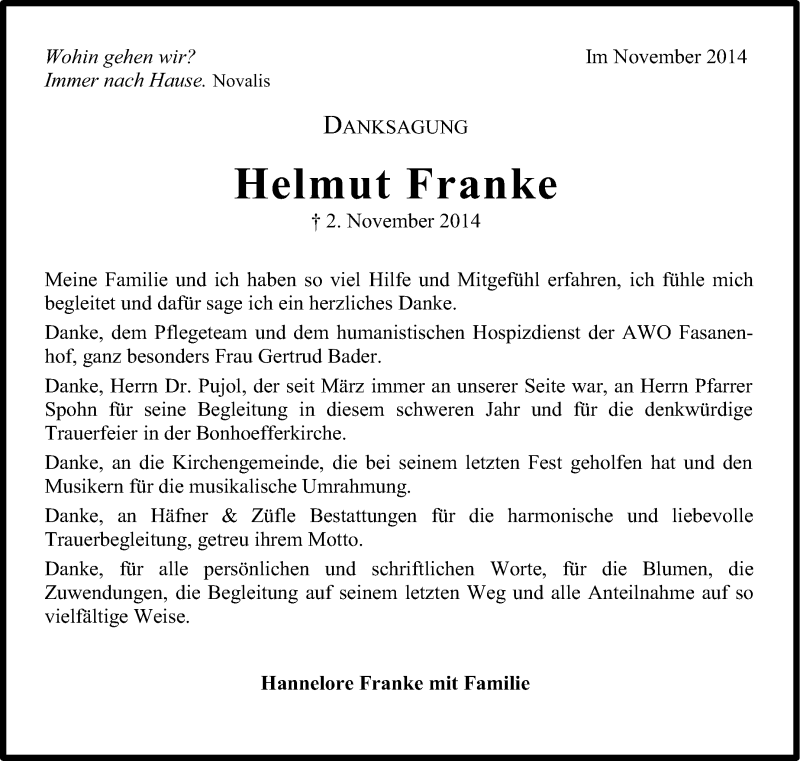  Traueranzeige für Helmut Franke vom 15.11.2014 aus Stuttgarter Zeitung / Stuttgarter Nachrichten