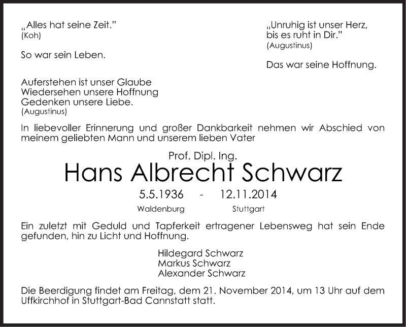  Traueranzeige für Hans Albrecht Schwarz vom 18.11.2014 aus Stuttgarter Zeitung / Stuttgarter Nachrichten