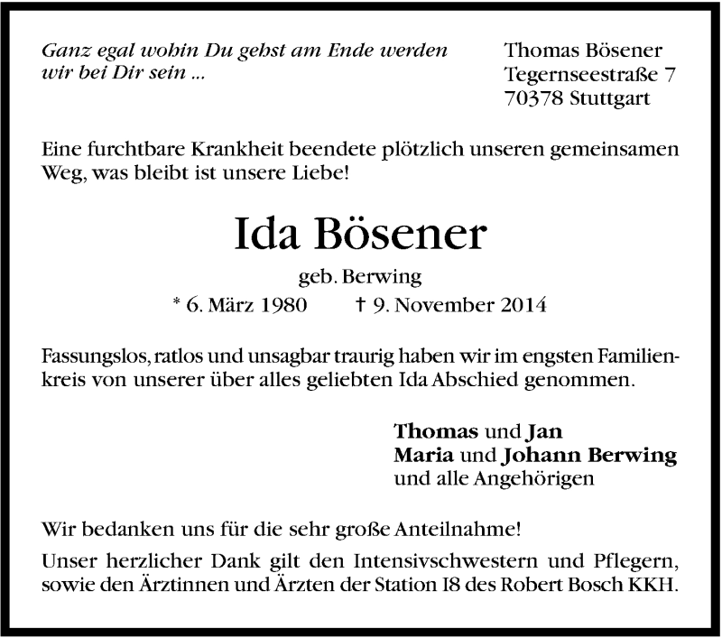  Traueranzeige für Ida Bösener vom 29.11.2014 aus Stuttgarter Zeitung / Stuttgarter Nachrichten