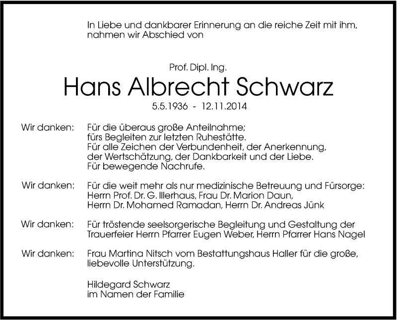  Traueranzeige für Hans Albrecht Schwarz vom 06.12.2014 aus Stuttgarter Zeitung / Stuttgarter Nachrichten