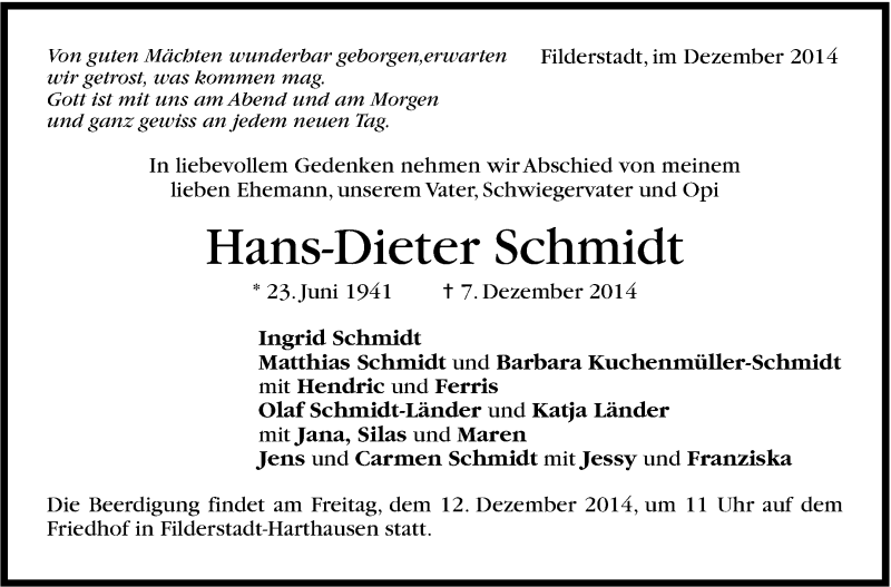  Traueranzeige für Hans-Dieter Schmidt vom 10.12.2014 aus Stuttgarter Zeitung / Stuttgarter Nachrichten