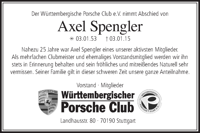  Traueranzeige für Axel Spengler vom 07.01.2015 aus Stuttgarter Zeitung / Stuttgarter Nachrichten