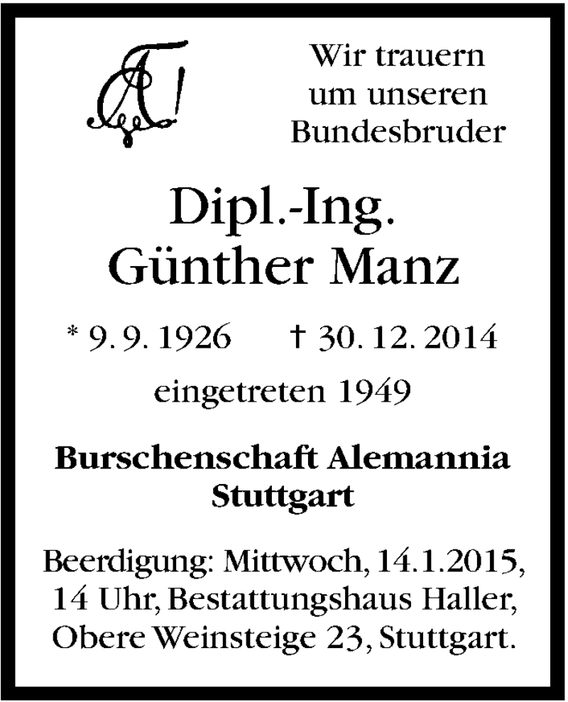  Traueranzeige für Günther Manz vom 10.01.2015 aus Stuttgarter Zeitung / Stuttgarter Nachrichten