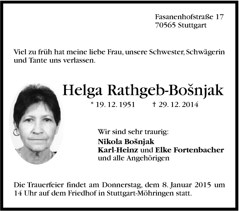  Traueranzeige für Helga  Rathgeb-Bošnjak vom 08.01.2015 aus Stuttgarter Zeitung / Stuttgarter Nachrichten
