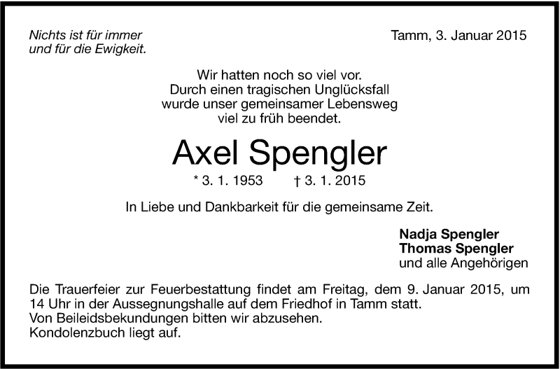  Traueranzeige für Axel Spengler vom 08.01.2015 aus Stuttgarter Zeitung / Stuttgarter Nachrichten