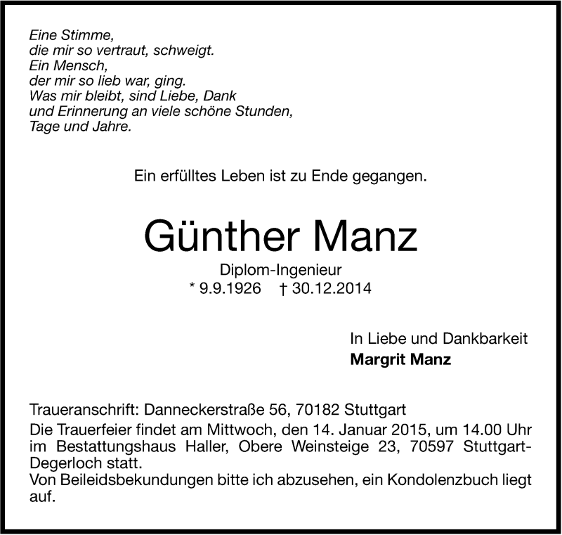  Traueranzeige für Günther Manz vom 10.01.2015 aus Stuttgarter Zeitung / Stuttgarter Nachrichten