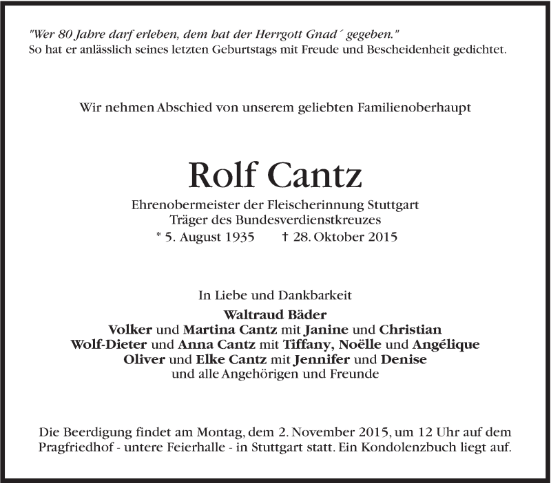  Traueranzeige für Rolf Cantz vom 31.10.2015 aus Stuttgarter Zeitung / Stuttgarter Nachrichten