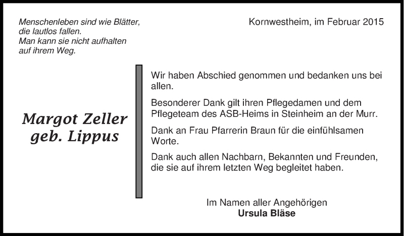  Traueranzeige für Margot Zeller vom 14.02.2015 aus Stuttgarter Zeitung / Stuttgarter Nachrichten