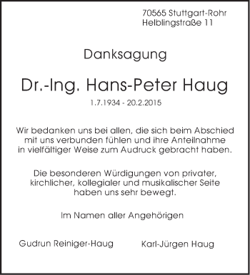 Traueranzeige von Hans-Peter Haug von Stuttgarter Zeitung / Stuttgarter Nachrichten