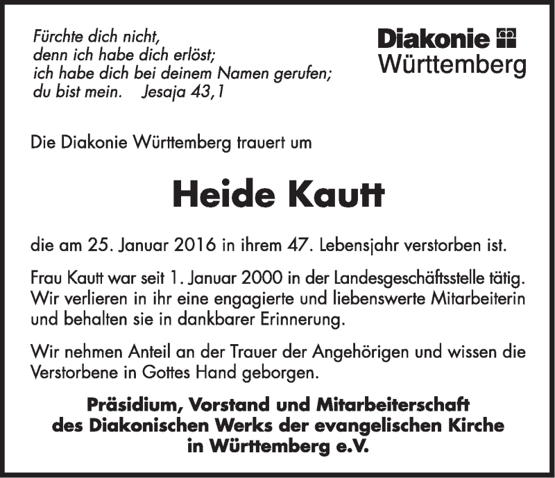  Traueranzeige für Heide Kautt vom 29.01.2016 aus Stuttgarter Zeitung / Stuttgarter Nachrichten