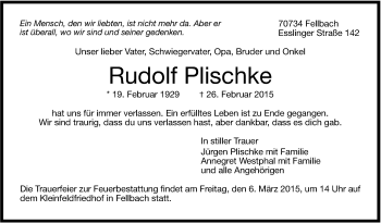 Traueranzeige von Rudolf Plischke von Stuttgarter Zeitung / Stuttgarter Nachrichten
