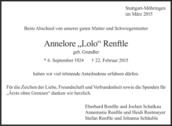 Traueranzeige von Annelore Renftle von Stuttgarter Zeitung / Stuttgarter Nachrichten