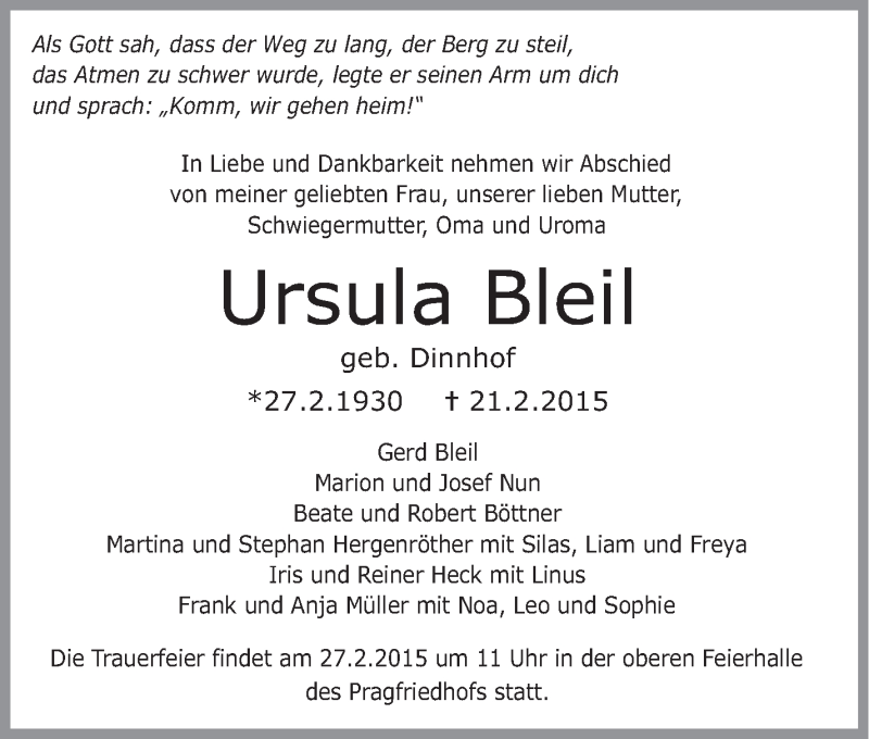  Traueranzeige für Ursula Bleil vom 24.02.2015 aus Stuttgarter Zeitung / Stuttgarter Nachrichten
