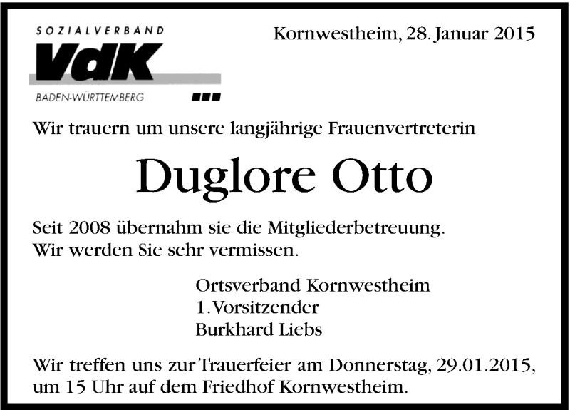  Traueranzeige für Duglore Otto vom 28.01.2015 aus Stuttgarter Zeitung / Stuttgarter Nachrichten