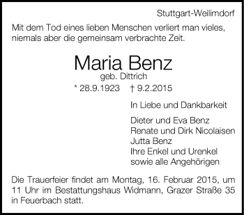 Traueranzeige von Maria Benz von Stuttgarter Zeitung / Stuttgarter Nachrichten