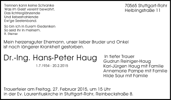 Traueranzeige von Hans-Peter Haug von Stuttgarter Zeitung / Stuttgarter Nachrichten