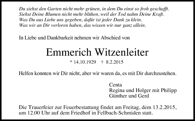  Traueranzeige für Emmerich Witzenleiter vom 11.02.2015 aus Stuttgarter Zeitung / Stuttgarter Nachrichten