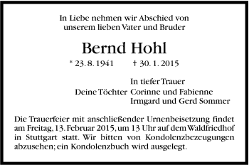 Traueranzeige von Bernd Hohl von Stuttgarter Zeitung / Stuttgarter Nachrichten