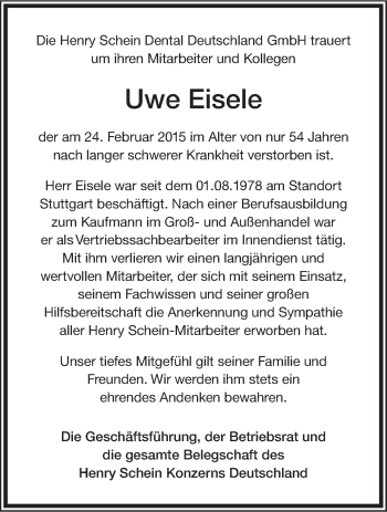 Traueranzeige von Uwe Eisele von Stuttgarter Zeitung / Stuttgarter Nachrichten