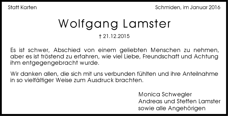  Traueranzeige für Wolfgang Lamster vom 08.01.2016 aus Stuttgarter Zeitung / Stuttgarter Nachrichten