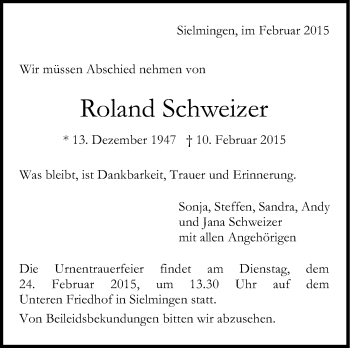 Traueranzeige von Roland Schweizer von Stuttgarter Zeitung / Stuttgarter Nachrichten