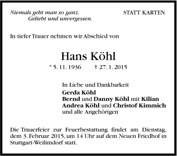 Traueranzeige von Hans Köhl von Stuttgarter Zeitung / Stuttgarter Nachrichten