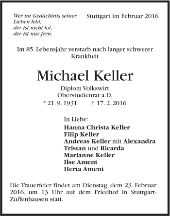 Traueranzeige von Michael Keller von Stuttgarter Zeitung / Stuttgarter Nachrichten