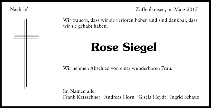  Traueranzeige für Rose Siegel vom 16.03.2015 aus Stuttgarter Zeitung / Stuttgarter Nachrichten