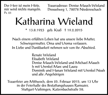 Traueranzeige von Katharina Wieland von Stuttgarter Zeitung / Stuttgarter Nachrichten