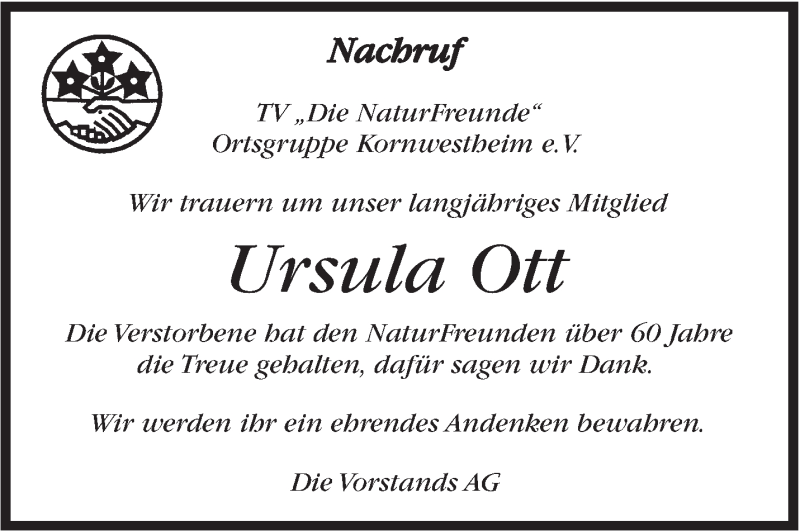  Traueranzeige für Ursula Ott vom 22.08.2015 aus Stuttgarter Zeitung / Stuttgarter Nachrichten