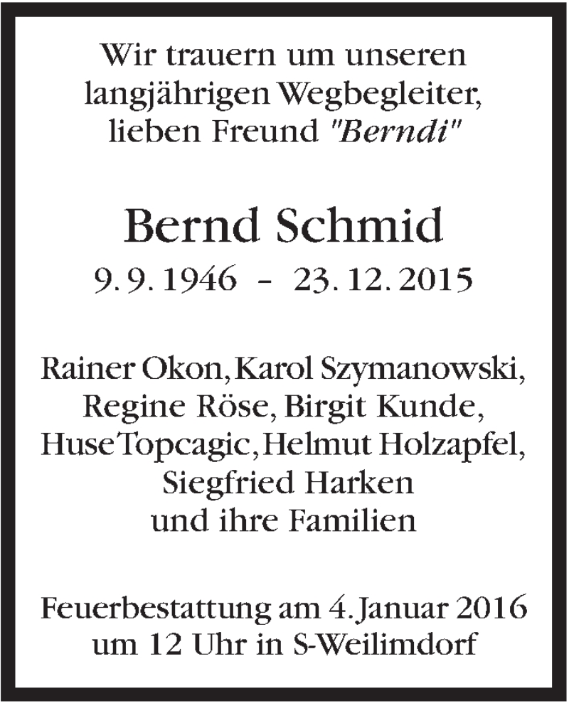  Traueranzeige für Bernd Schmid vom 02.01.2016 aus Stuttgarter Zeitung / Stuttgarter Nachrichten