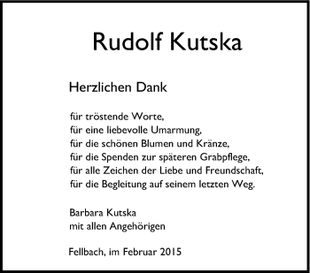 Traueranzeige von Rudolf Kutska von Stuttgarter Zeitung / Stuttgarter Nachrichten