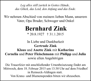 Traueranzeige von Bernhard Zink von Stuttgarter Zeitung / Stuttgarter Nachrichten