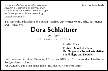 Traueranzeige von Dora Schlattner von Stuttgarter Zeitung / Stuttgarter Nachrichten