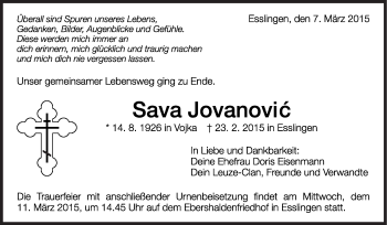 Traueranzeige von Sava Jovanovic von Stuttgarter Zeitung / Stuttgarter Nachrichten