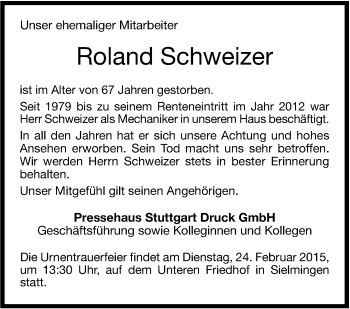 Traueranzeige von Roland Schweizer von Stuttgarter Zeitung / Stuttgarter Nachrichten