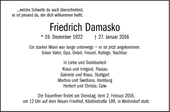 Traueranzeige von Friedrich Damasko von Stuttgarter Zeitung / Stuttgarter Nachrichten